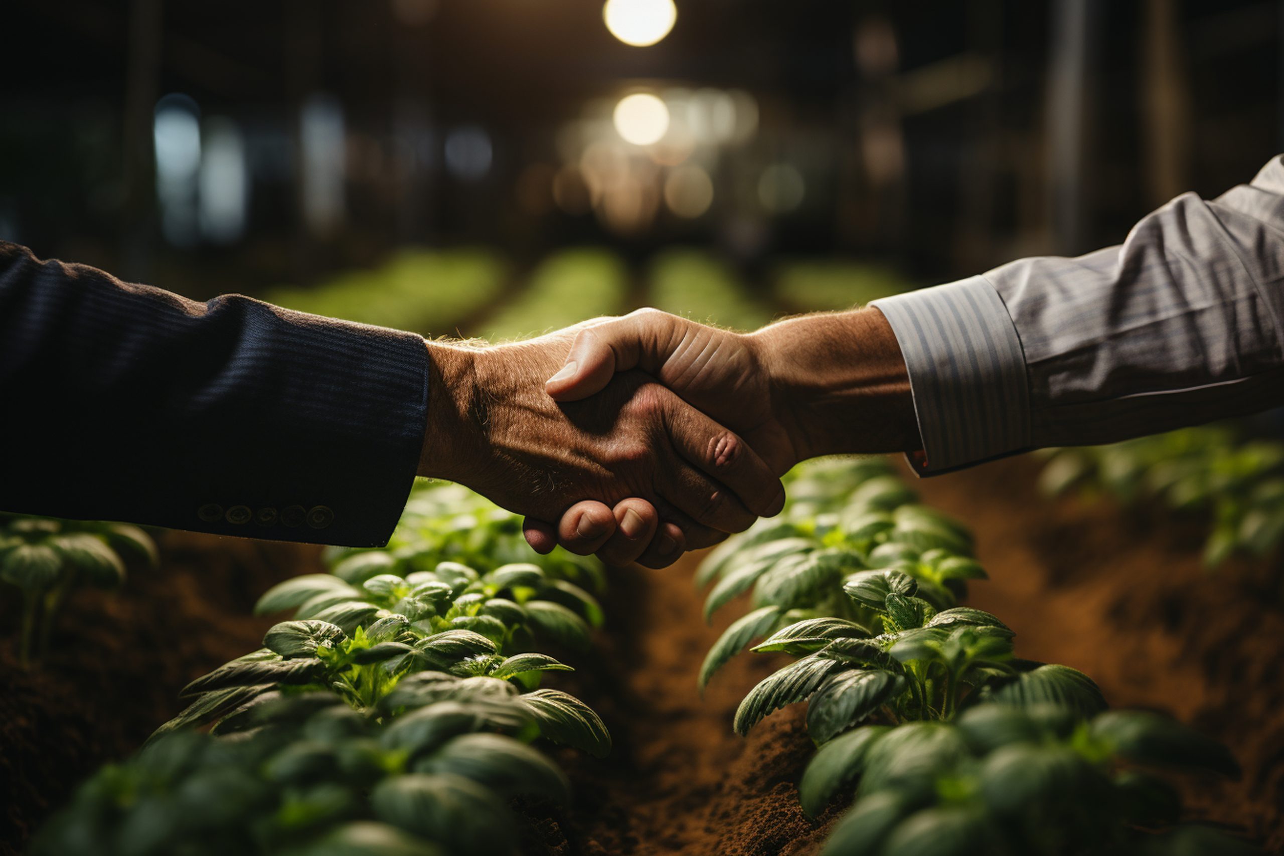 handshake of businessman and businesswoman in the green plant ga